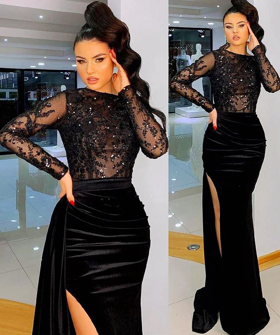 Sexy Prom Dresses Beaded High Split Velvet Evening Formal Party Second Reception Gowns Dress cg24506