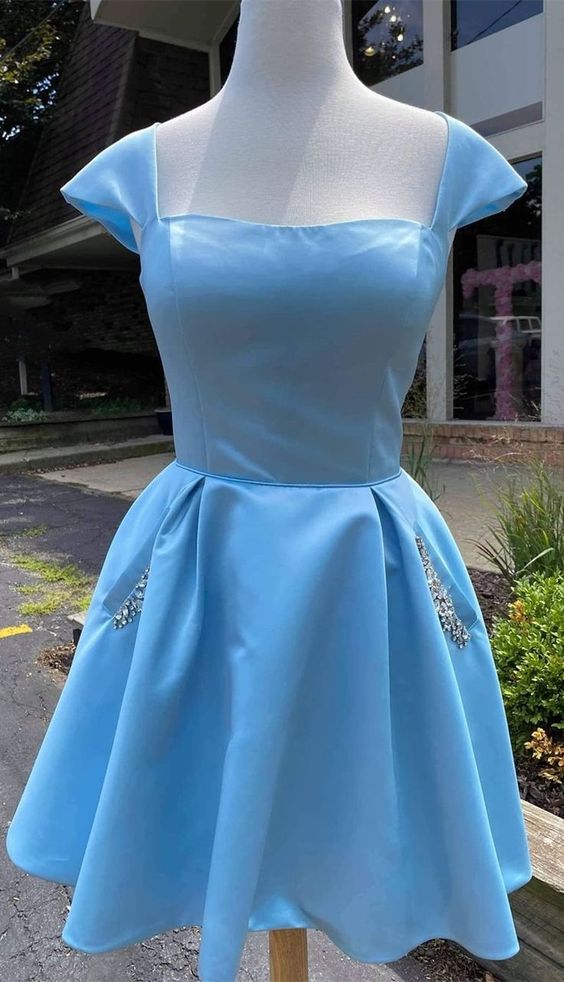 cap sleeves light sky blue satin short homecoming dress with beaded bodice cg24733