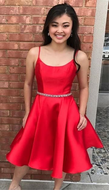 A-Line Spaghetti Straps Knee-Length Red Homecoming Dress with Beading cg2769