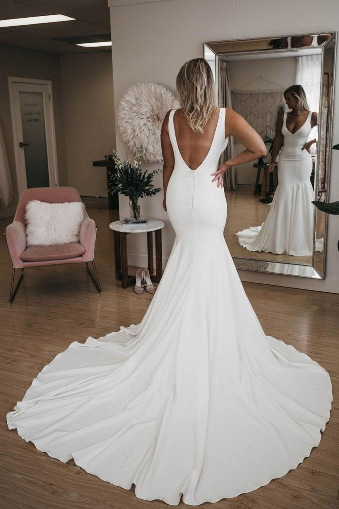 Simple V Neck Mermaid prom Dress with Long Train, Sexy Backless Beach Wedding Dress cg2813
