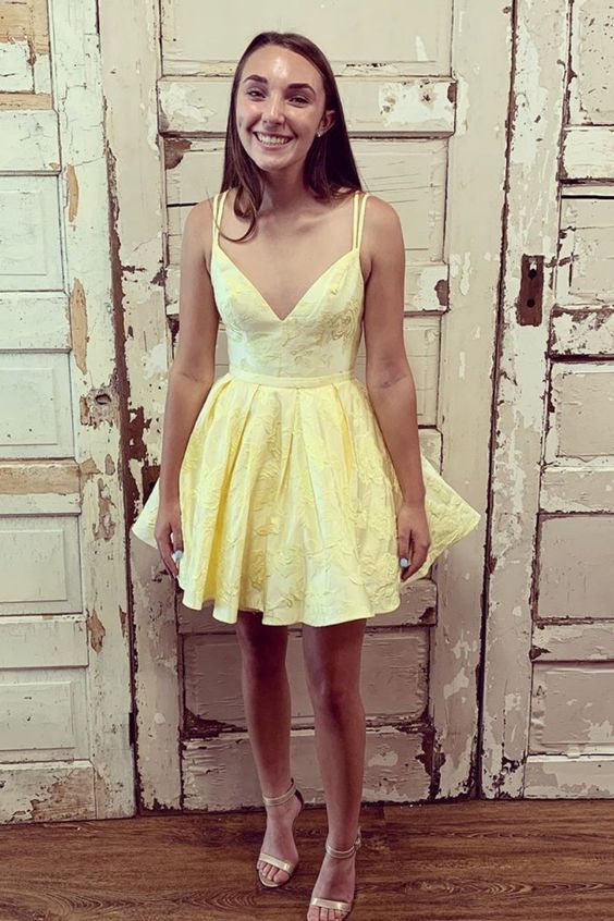 princess yellow homecoming dresses, short homecoming dresses with double straps cg2834