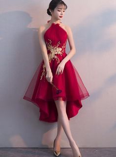 Halter Red Tulle A-Line Homecoming Dresses,Sleeveless Short homecoming Dresses cg285