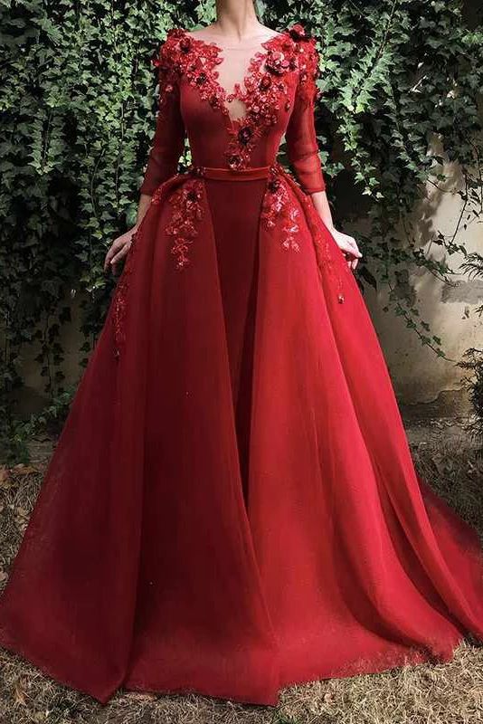 Red Long Prom Dress with 3/4 Sleeves, Puffy Organza Formal Dresses with Flowers cg3076