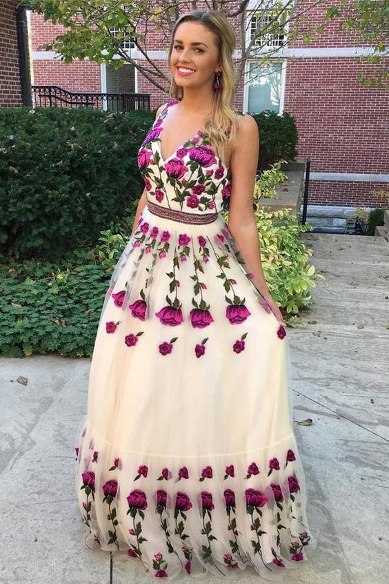 A-Line V-Neck Tulle Prom Dress with Floral Appliques cg3194