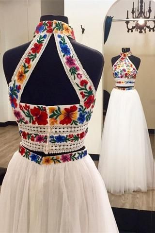 Two Piece High Neck Long Prom Dress with Appliques, Unique Sleeveless Party Dress cg3218