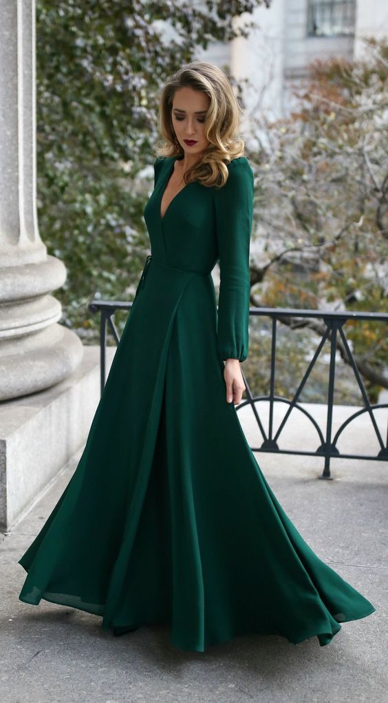 A Line Party Dress With Split,Deep V Neck Prom Dress,Party Dress With Long Sleeves cg3221