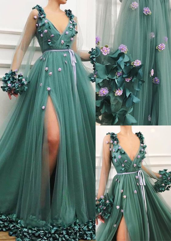 2019 new prom dress , v neck prom gown with long sleeve cg3224