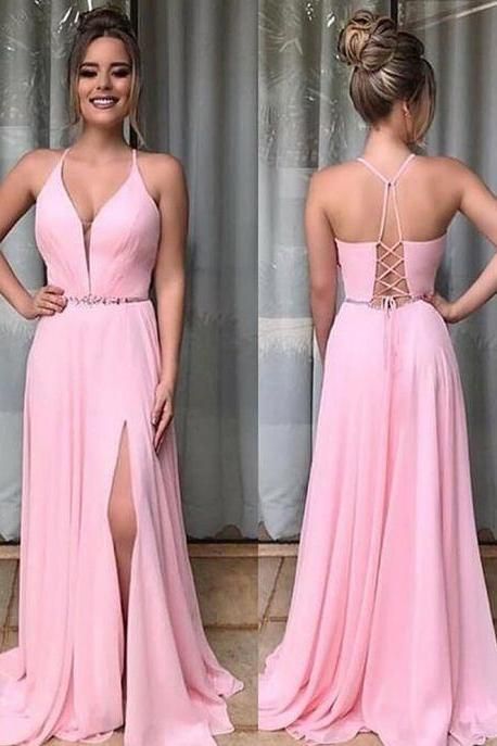 Pink Chiffon Prom Dresses with Split cg3228