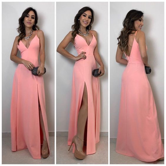 A-lien v neck pink long prom dress , open back prom dress with split cg3243