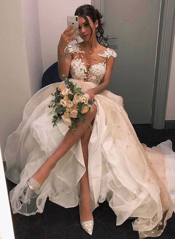 Champagne tulle lace long prom dress, evening dress cg3329