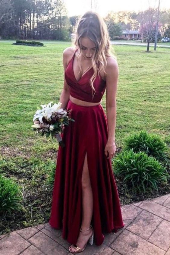 two piece burgundy long prom dresses, 2020 burgundy prom dresses with slit cg4017