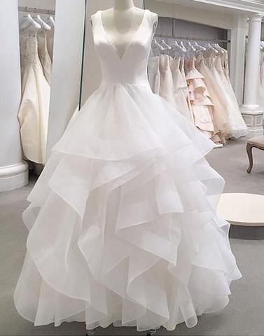 White tulle v neck long ruffles formal prom dress, wedding dress cg4413