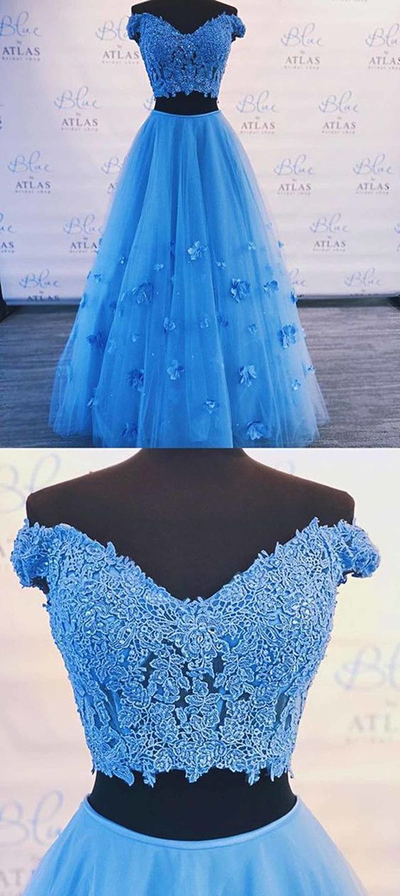 Two Piece Blue Prom Dress Off-The-Shoulder A Line Long Graduation Gown cg453