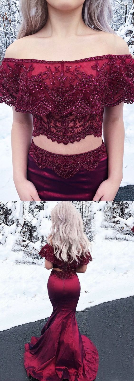 Two Piece Off-the-Shoulder Dark Red Satin Prom Dress with Lace Beading ,burgundy prom dress cg459