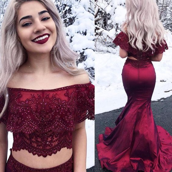 Two Piece Off-the-Shoulder Dark Red Satin Prom Dress with Lace Beading ,burgundy prom dress cg459