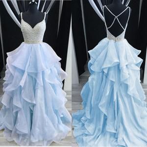 Spaghetti Straps Rhinestones Tiered Skirt Hi-Lo Backless Prom Dresses Evening Gowns Dress cg461