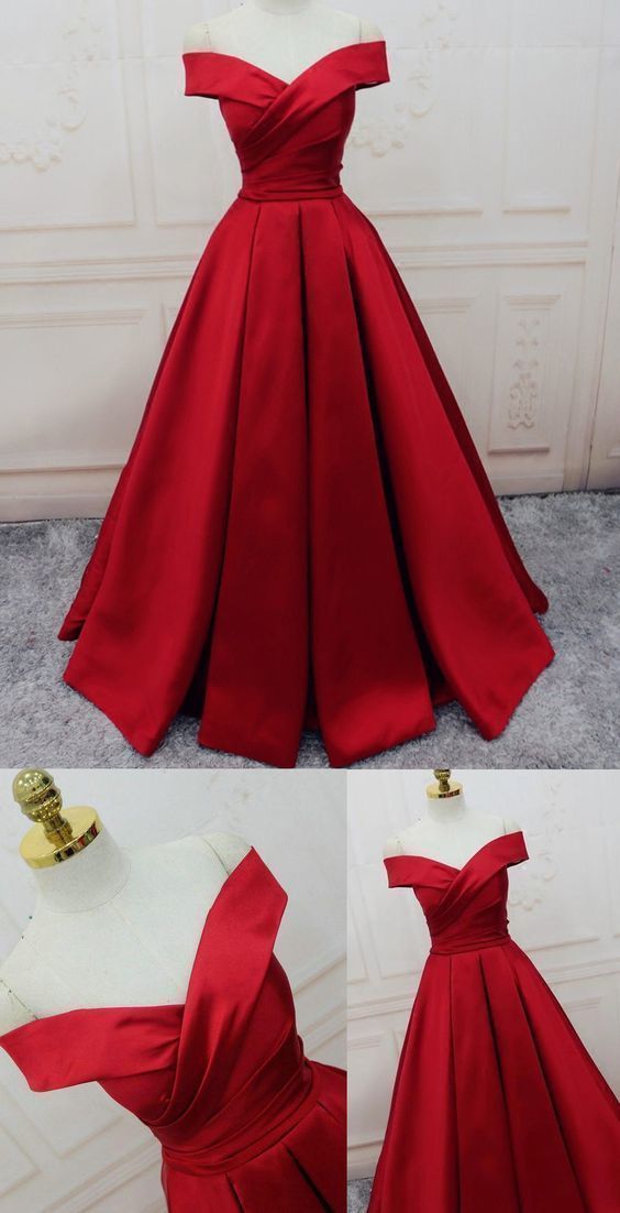 Evening Dresses, A-line/Princess Prom Dresses, Long Party Dresses, Off-the-shoulder red Long satin party dress cg471