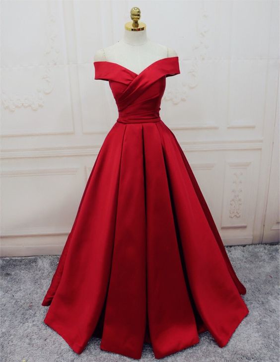 Evening Dresses, A-line/Princess Prom Dresses, Long Party Dresses, Off-the-shoulder red Long satin party dress cg471