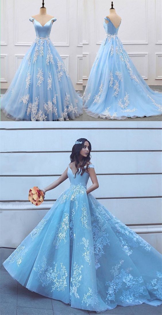 Light Blue Tulle Ball Gowns Prom Dresses Lace Appliques Off Shoulder cg472