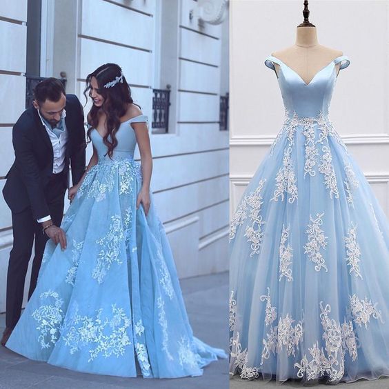 Light Blue Tulle Ball Gowns Prom Dresses Lace Appliques Off Shoulder cg472