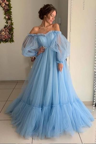 blue/pink tulle long prom dress, pink tulle evening dress cg489