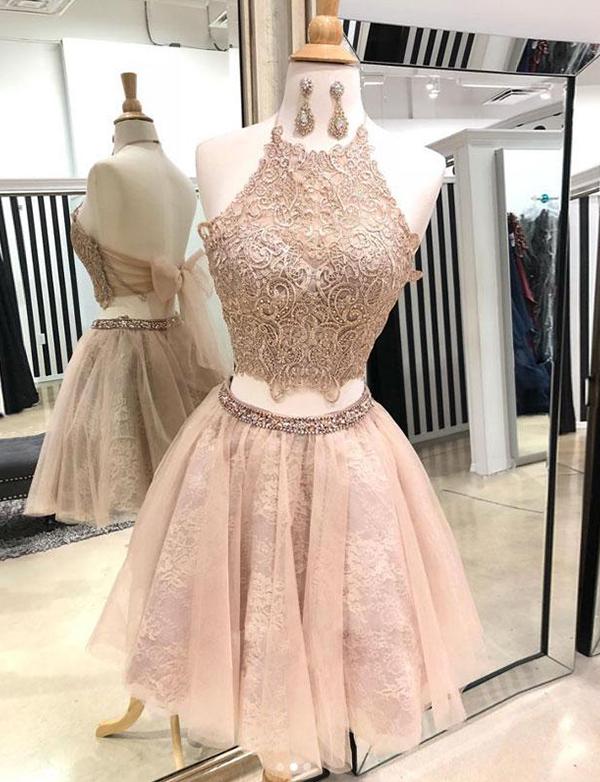 Two Pieces Halter Champagne Short Homecoming Dresses With Appliques cg527