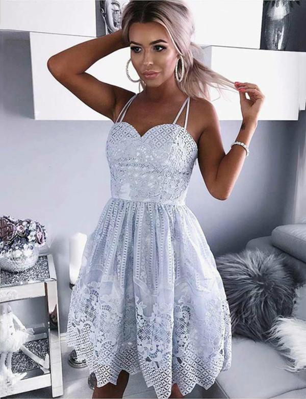 Spaghetti Straps Knee-Length Lace Homecoming Dress cg538