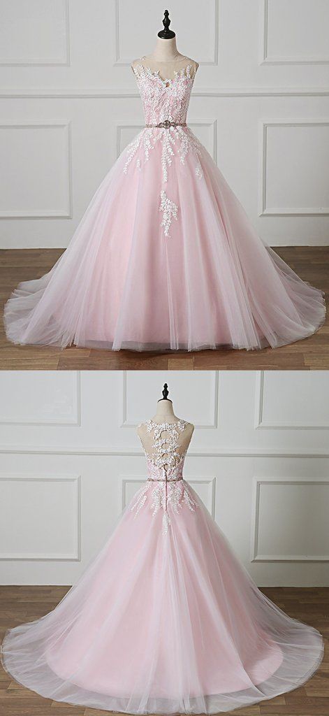 Light Pink Scoop Neck Lace Applique Formal Prom Dress, Beaded Wedding Dress cg5574