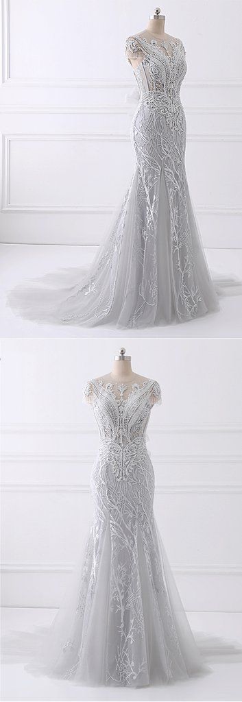 Spring Gray Tulle Long Mermaid Prom Dress, Beaded Lace Evening Gown cg5628