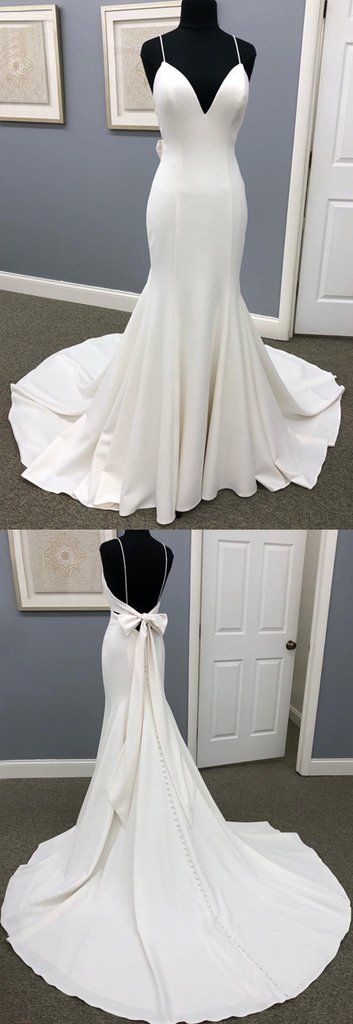 Ivory Satin Spaghetti Straps Open Back Sweet Train Wedding Dress, Formal Prom Dress cg5690