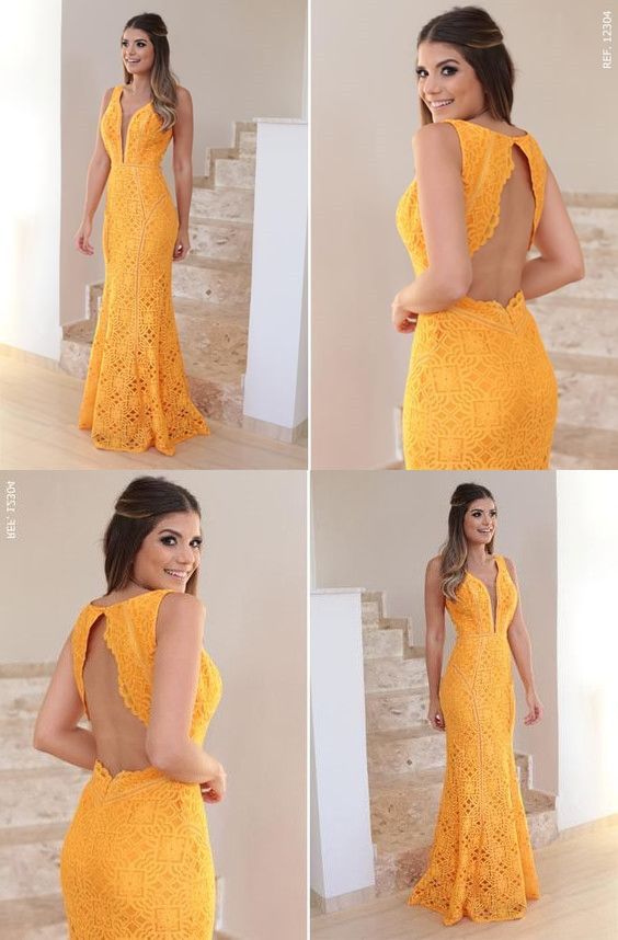 Yellow Lace Prom Dress, V-Neck Long Party Dress, Backless Mermaid Evening Dress cg5709