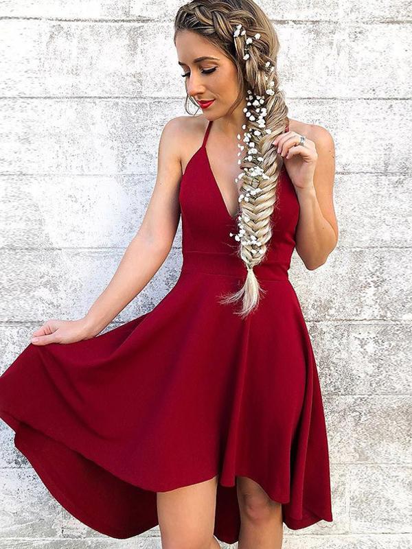 A-Line Deep V-Neck Spaghetti Straps Dark Red Homecoming Dresses cg573