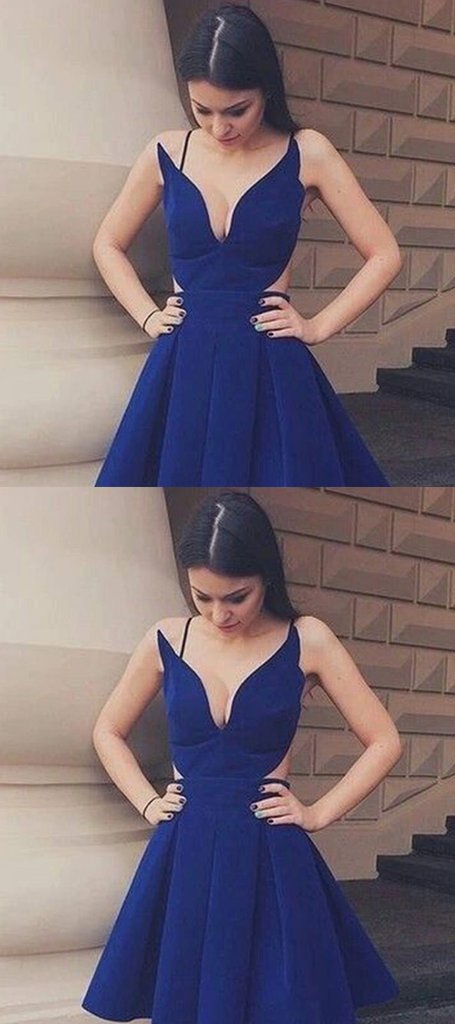 A-Line Deep V-Neck Spaghetti Straps Royal Blue Homecoming Dresses cg578