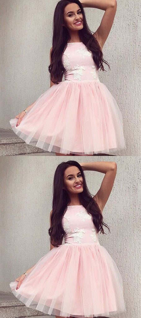 A-Line Halter Sleeveless Pink Tulle Homecoming Dresses With Lace cg581