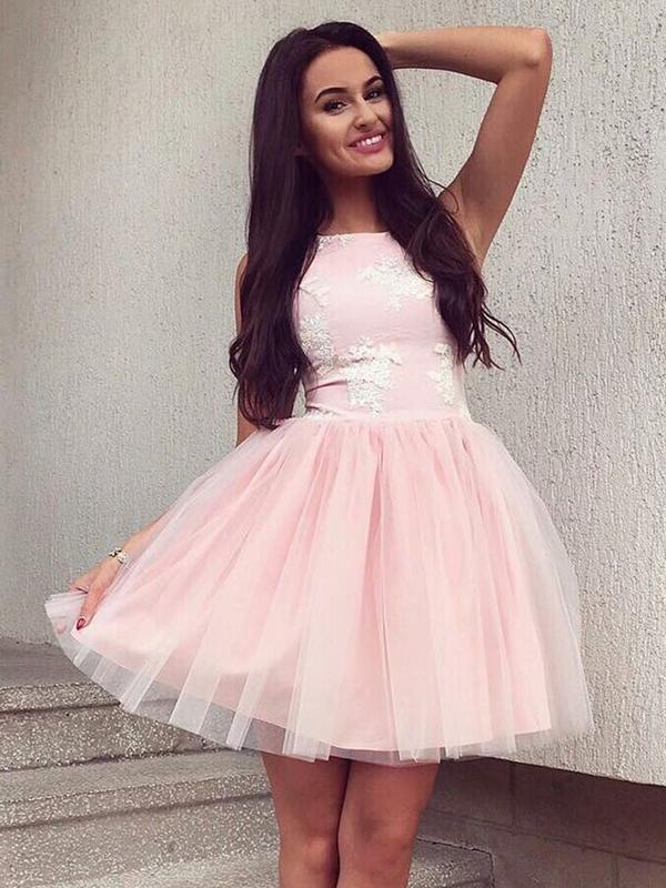A-Line Halter Sleeveless Pink Tulle Homecoming Dresses With Lace cg581