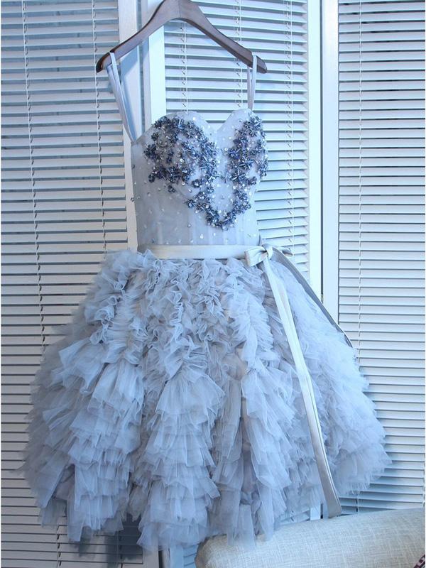 Stylish Sky Blue Short Homecoming Dresses With Spaghetti Straps, A-Line Juniors Dresses With Appliques cg592