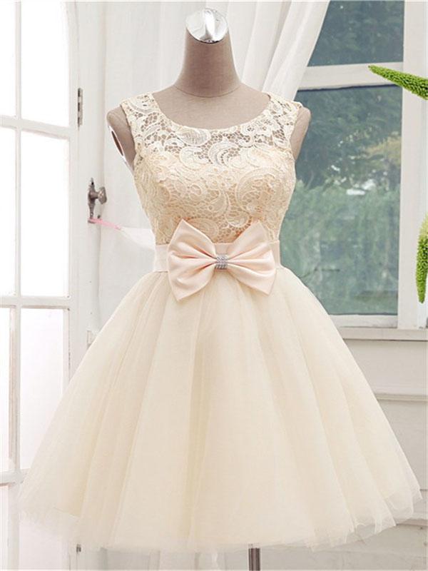Beautiful Short Lace Scoop Neckline Homecoming Dresses,Off White Homecoming Dresses With Sleeveless cg600