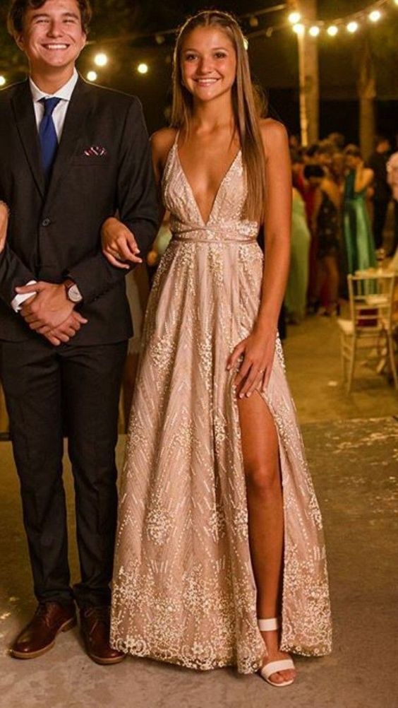A-line Spaghetti Straps V-neck Gold Lace Evening Dresses ,Cheap Prom Dresses cg607