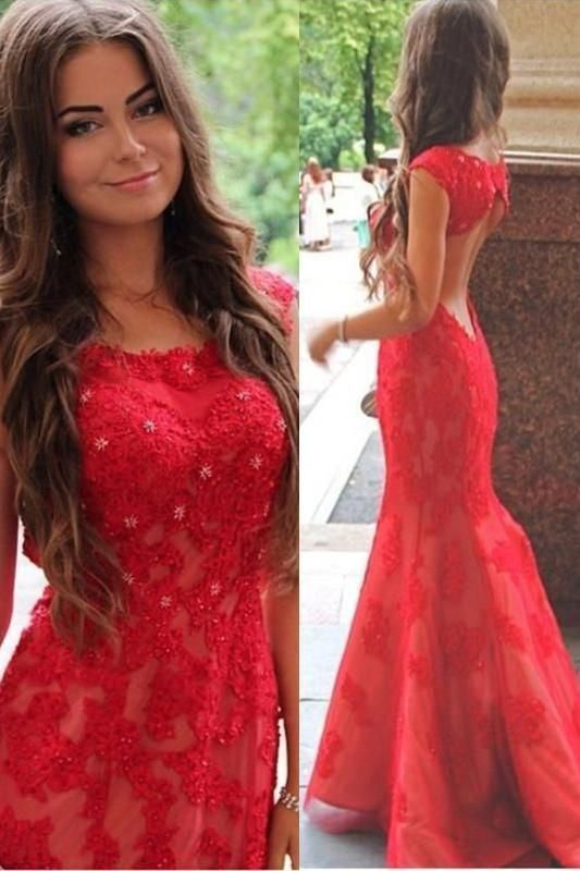Mermaid Scoop Sweep Train Cap Sleeves Open Back Red Lace Prom Dress cg6247