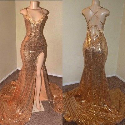 Sexy Gold Sequin Spaghetti-Straps Slit Prom Dresses cg6260