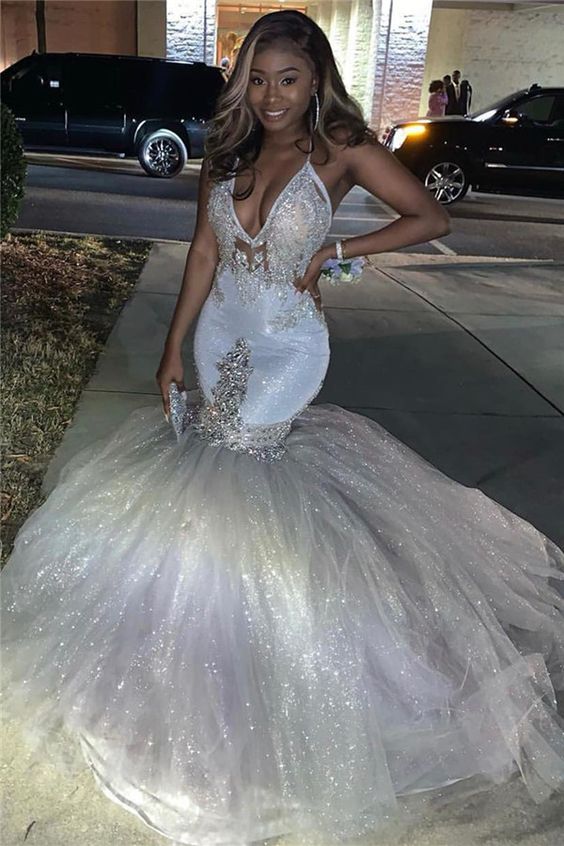 Spaghetti Straps Deep V-neck Silver Sequin Sexy Mermaid Prom Dress cg6346