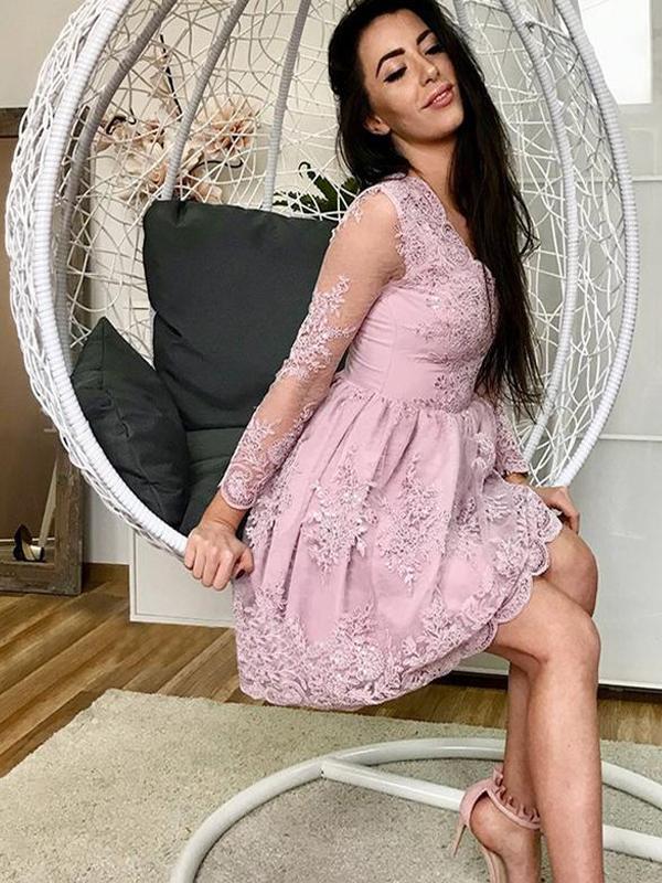 Pink V-neck Long Sleeves Lace Appliques Short Homecoming Dresses cg669