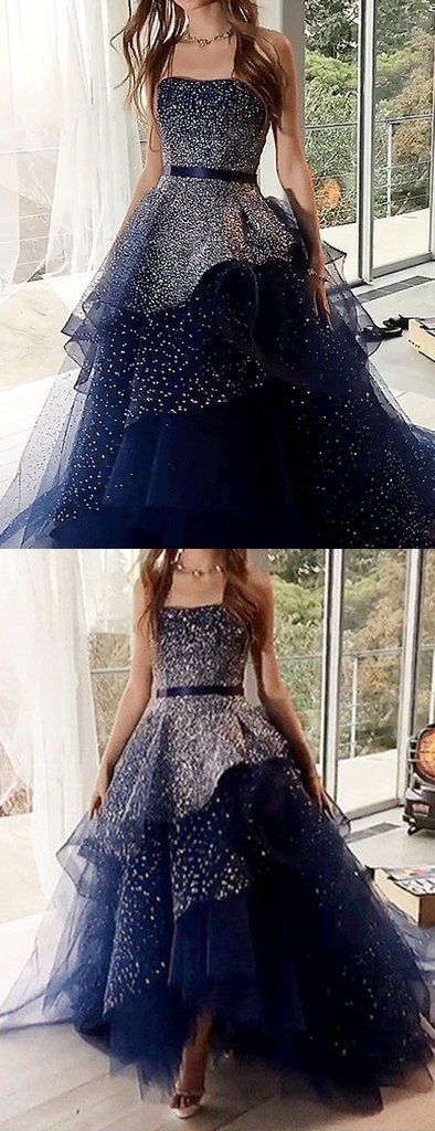 Strapless Navy Blue Starry Night Asymmetry Prom Dresses With Beading cg679