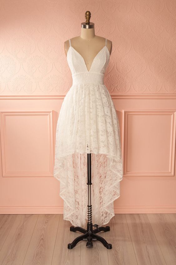 Simple Spaghetti Straps Hi-lo Prom Dress,White Lace Prom Dress cg6972