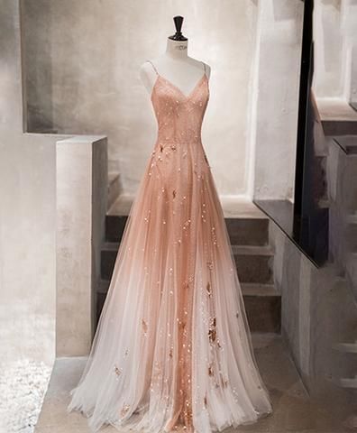 Unique champagne tulle long prom dress, tulle evening dress cg710