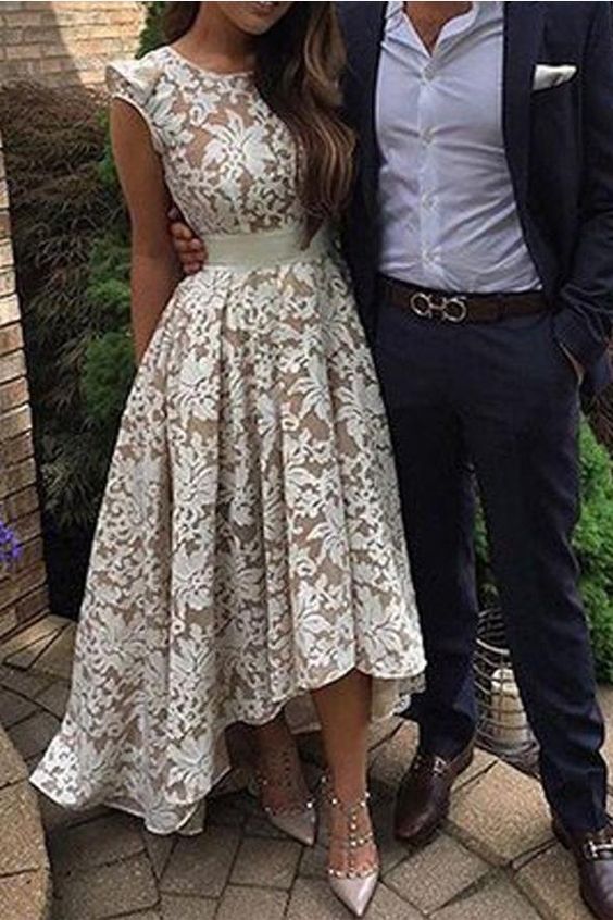 Cap Sleeves Ivory Lace High Low Beach Wedding Dresses Homecoming Dress For Party cg78