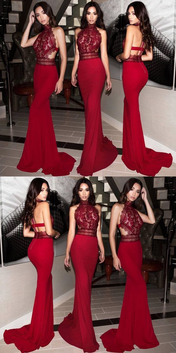 Mermaid High Neck Sweep Train Red Stretch Satin Prom Dress with Lace cg832