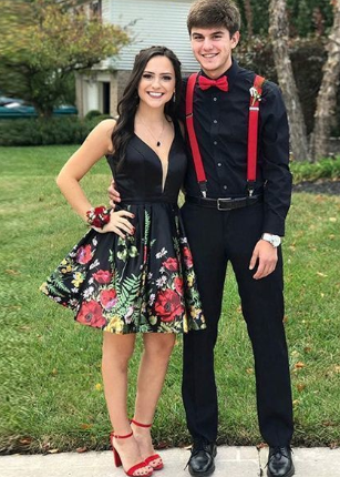A-Line Deep V-Neck Floral Black Satin Short homecoming Dress cg877