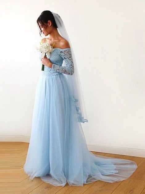 Light Blue prom dress, Off Shoulder Wedding dress cg8622