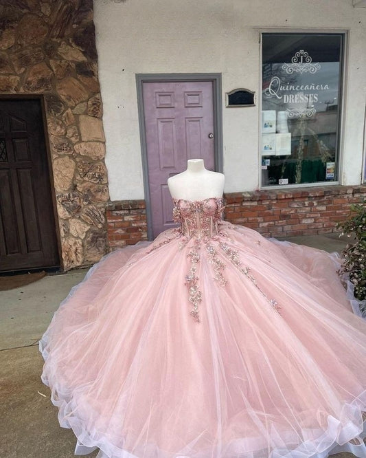 Pink Tulle Appliques Quinceanera Dresses A Line Off Shoulder Evening Dresses    cg25343